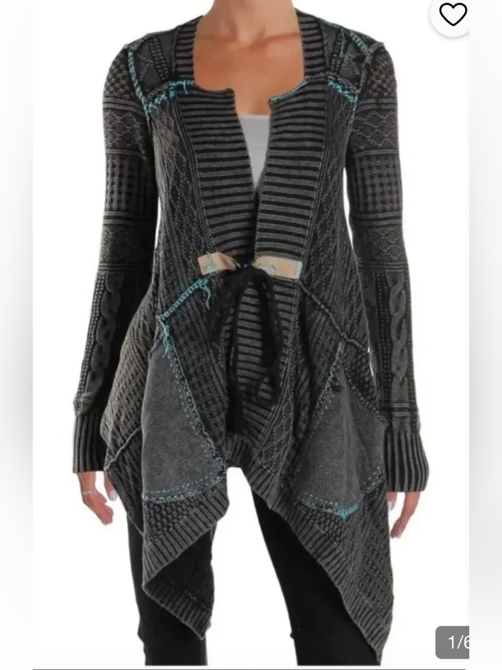 Free People Charcoal Knit Open-Front Cardigan with Teal Stitching